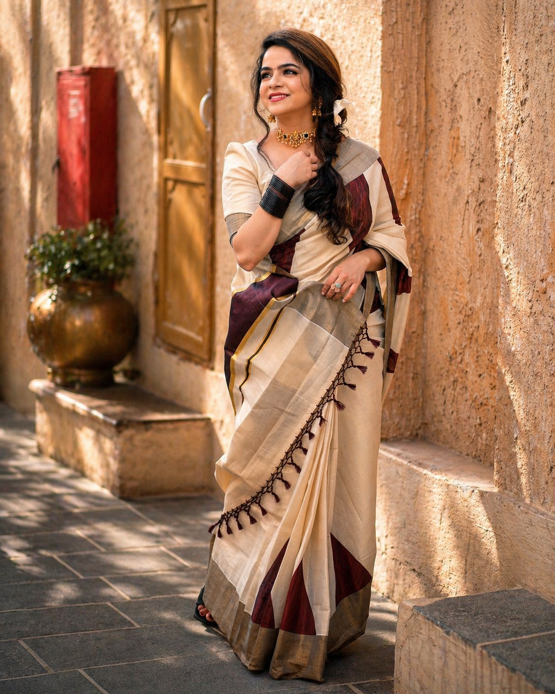 Coffee Brown Temple Tissue Saree