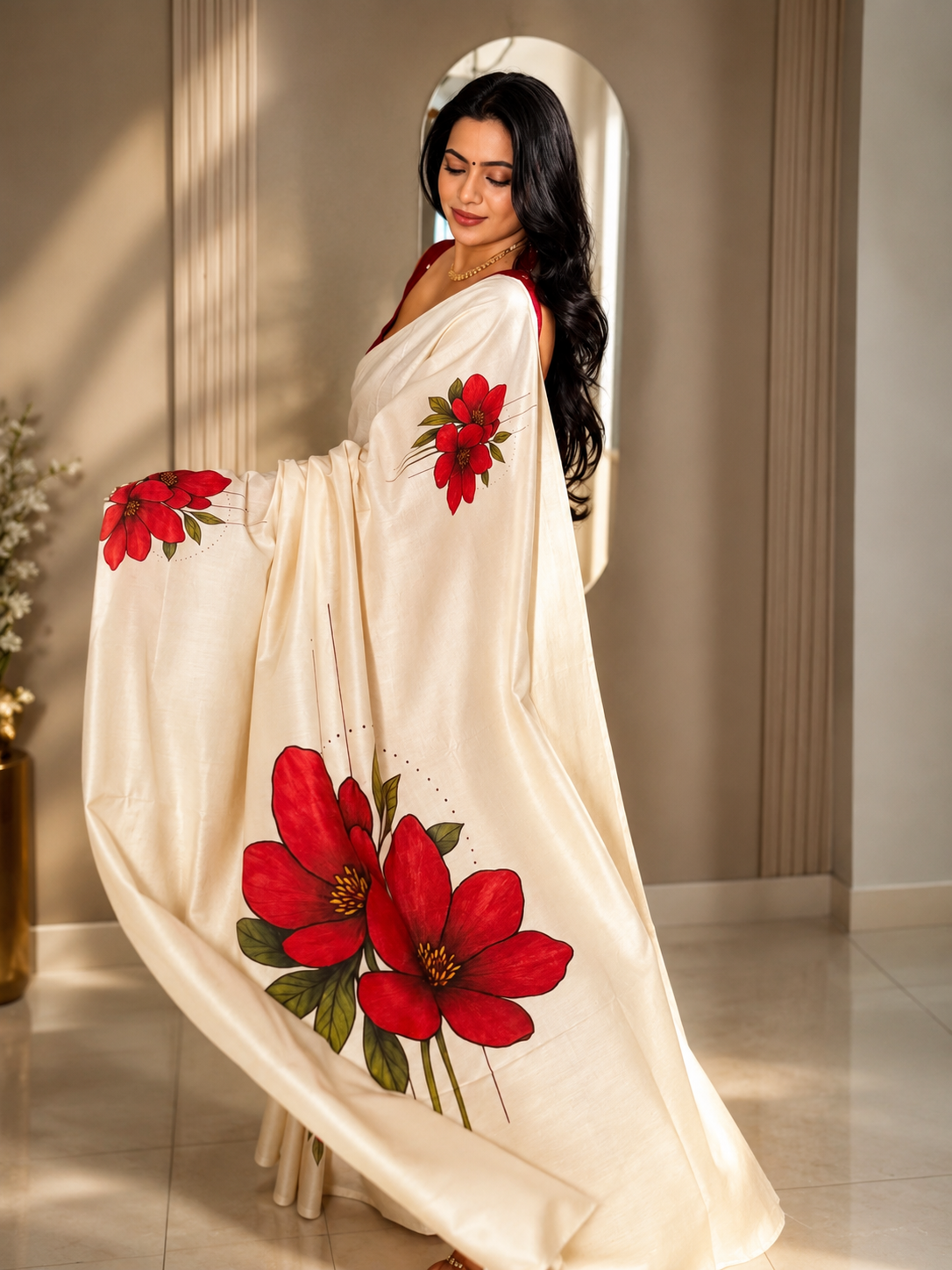 Red Blossom™ Pure Cotton Digital Printed Saree | Premium Cotton Saree for Women | Elegant Floral Saree