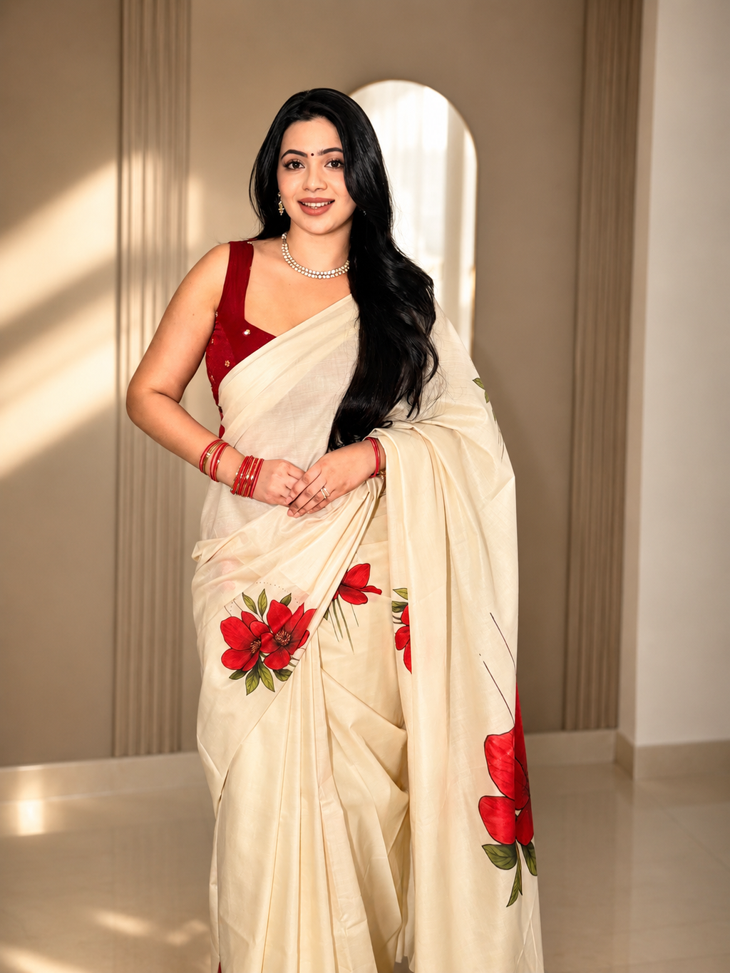 Red Blossom™ Pure Cotton Digital Printed Saree | Premium Cotton Saree for Women | Elegant Floral Saree