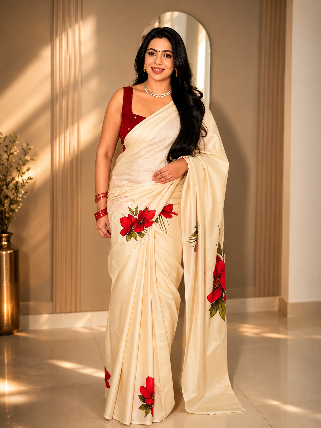 Red Blossom™ Pure Cotton Digital Printed Saree | Premium Cotton Saree for Women | Elegant Floral Saree