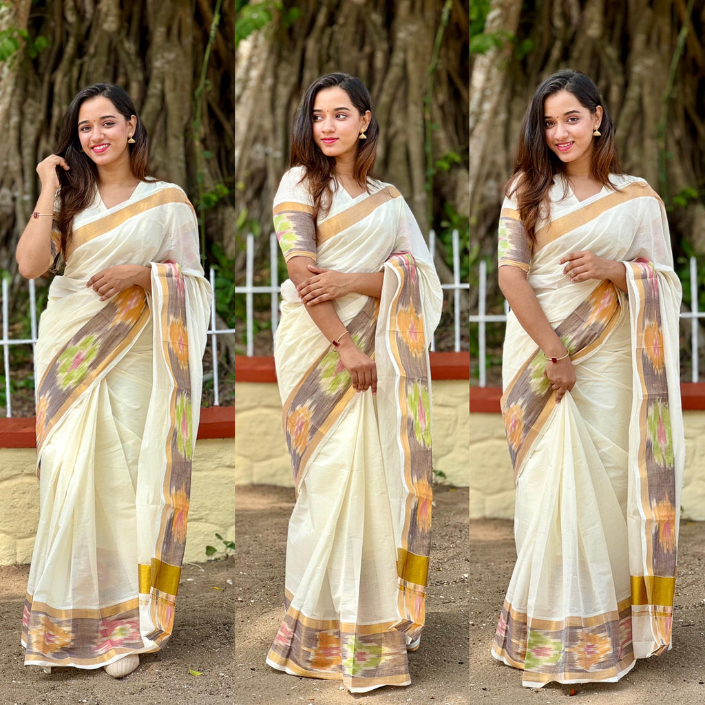 Pochampally Border Kerala Cotton Saree