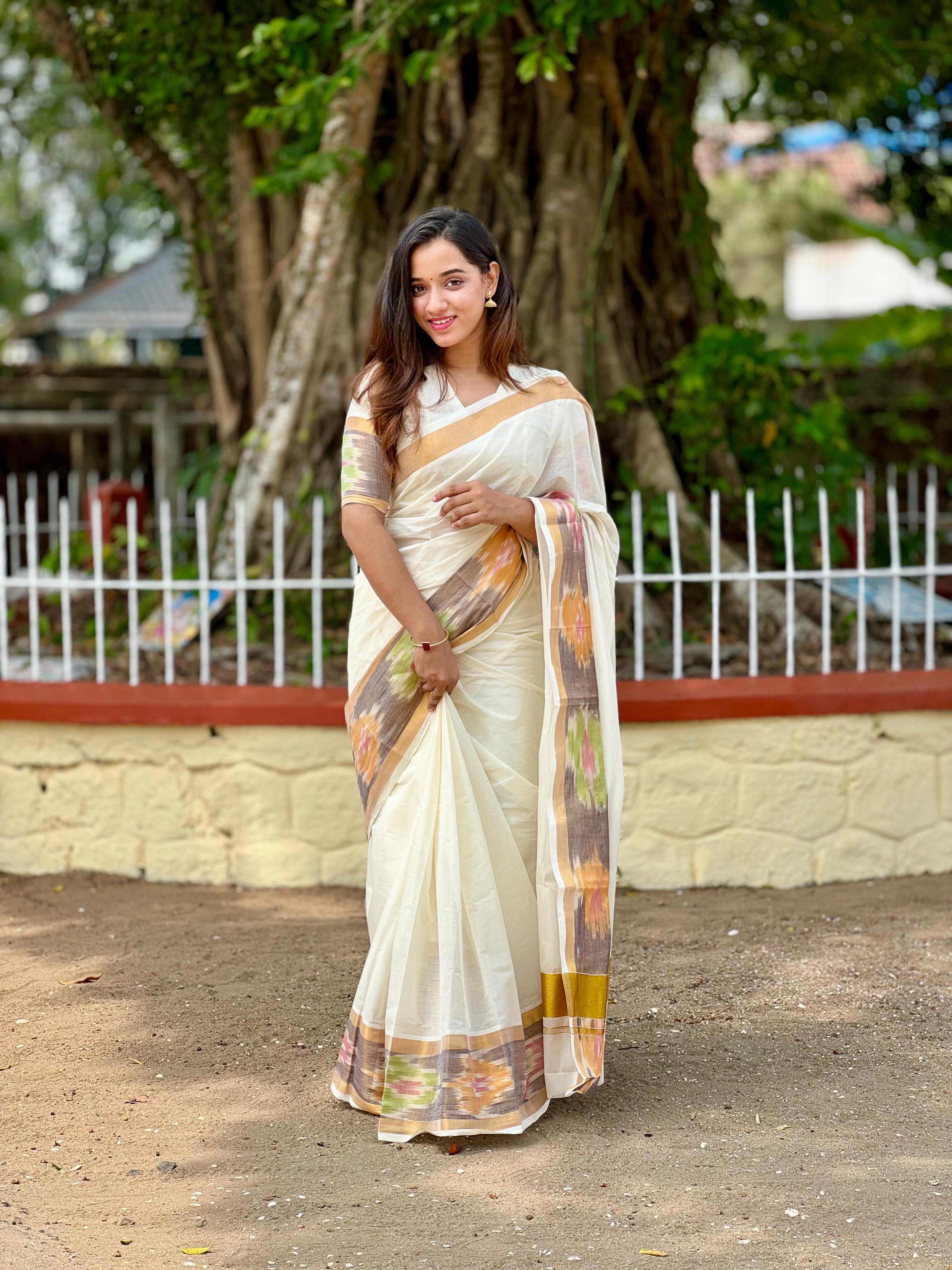 Pochampally Border Kerala Cotton Saree