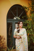 Yellow Flower Embroidery Cotton Saree