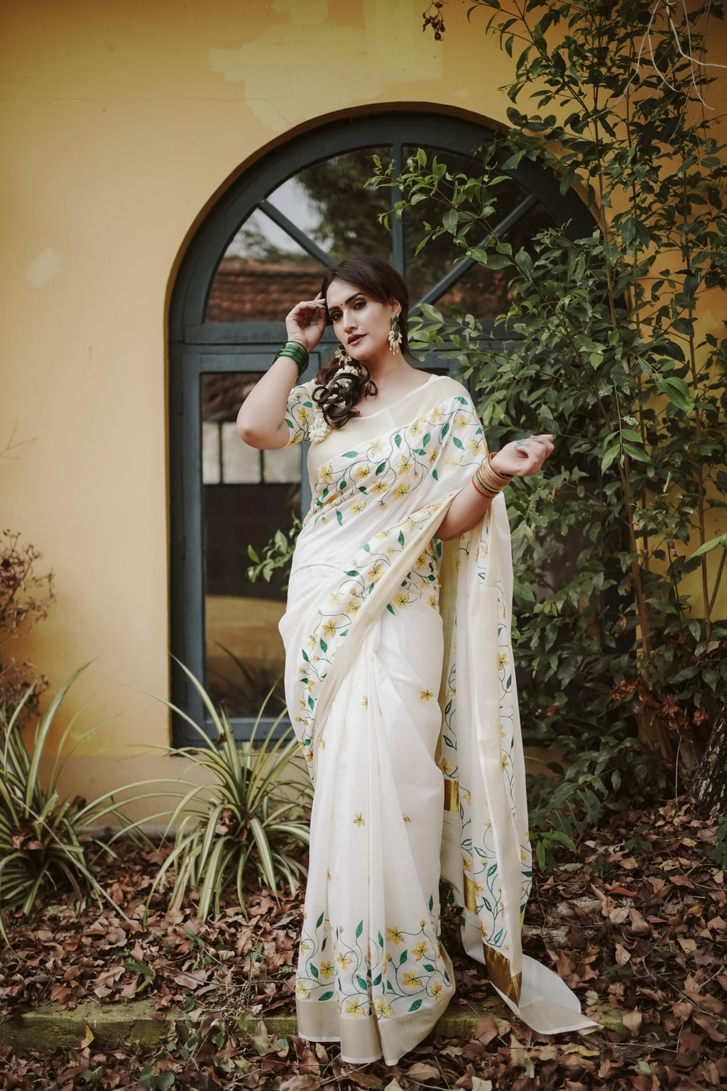 Yellow Flower Embroidery Cotton Saree