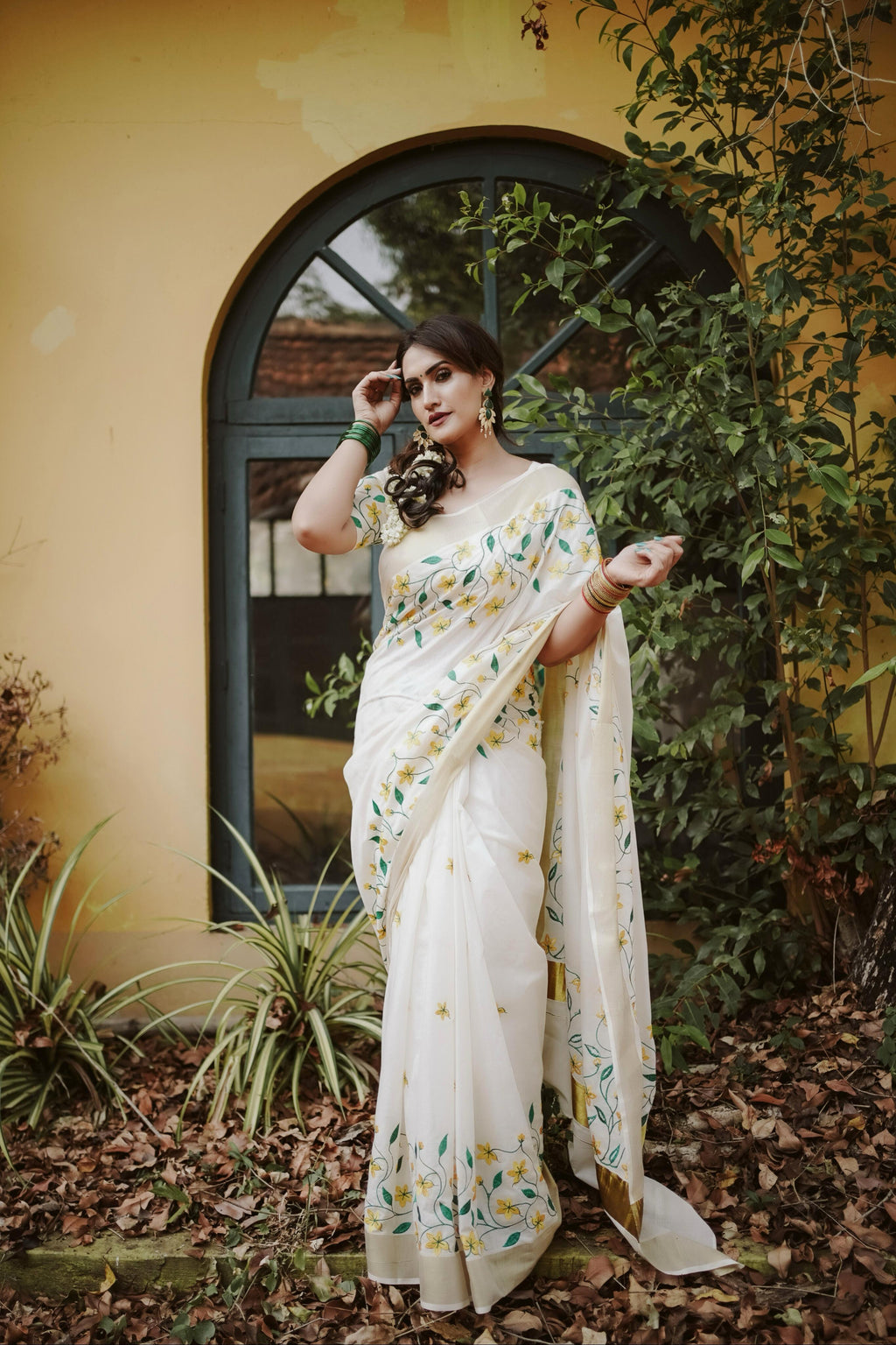 Yellow Flower Embroidery Cotton Saree