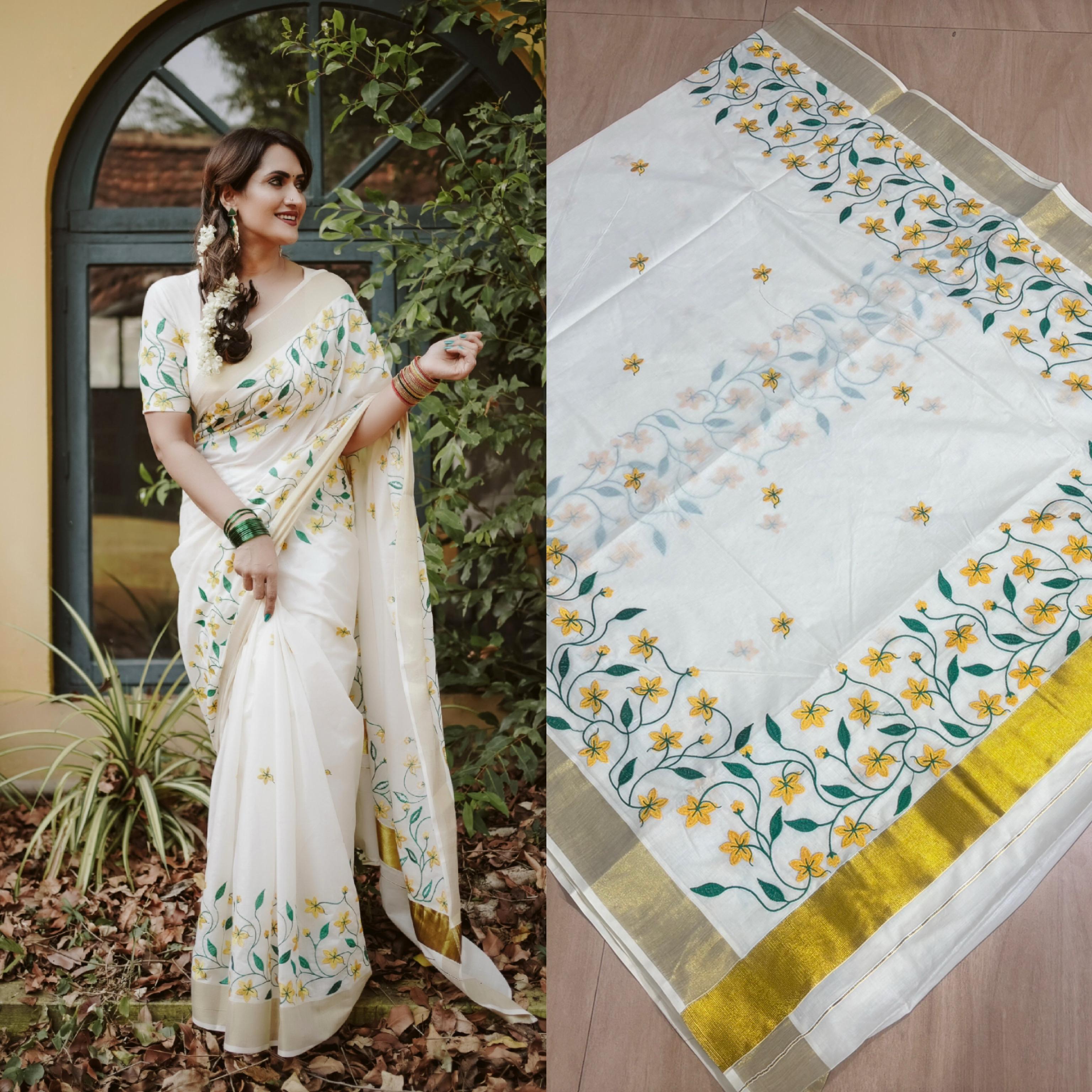 Yellow Flower Embroidery Cotton Saree
