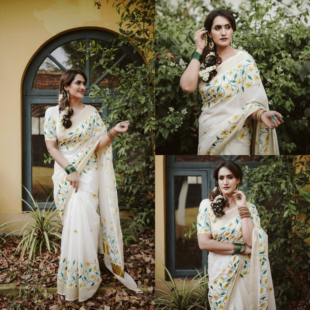 Yellow Flower Embroidery Cotton Saree