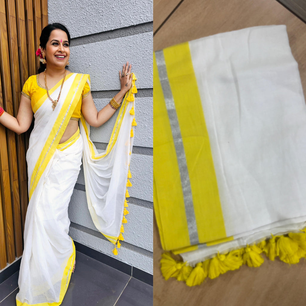 Yellow Silver Mul Mul Saree