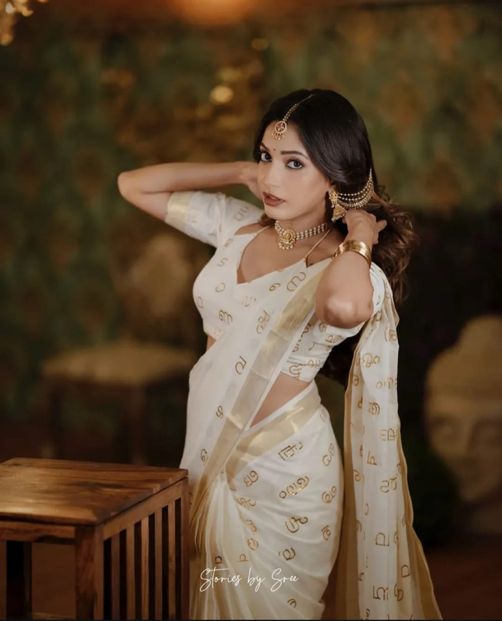 Malayalam Akshara Mala embroidered cotton saree