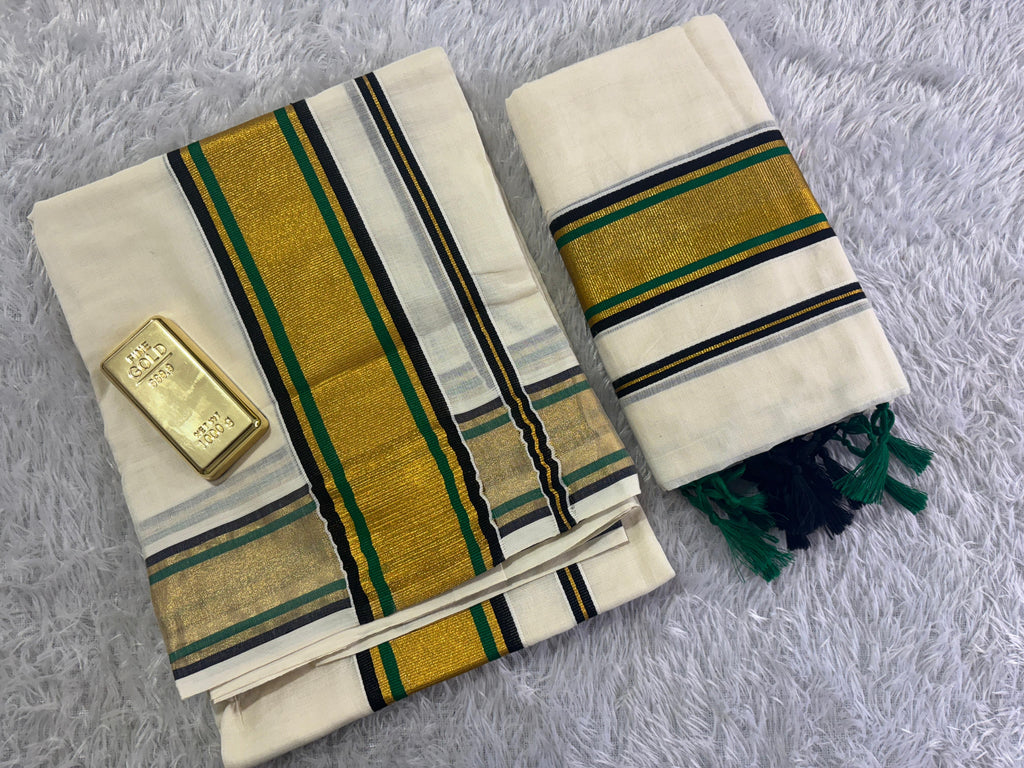 Double Colour Cotton Set Mundu with Elegant Tassels