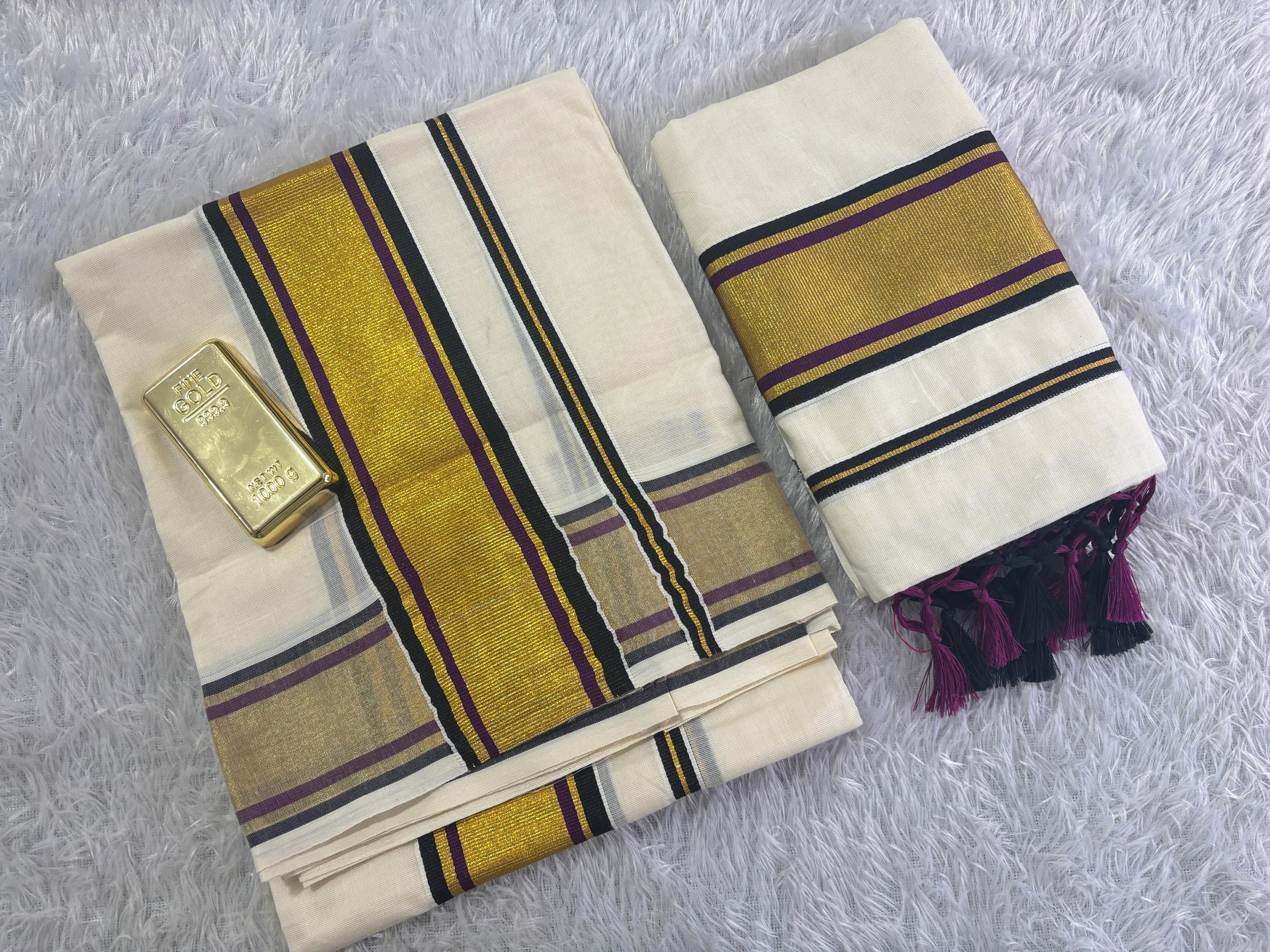 Double Colour Cotton Set Mundu with Elegant Tassels