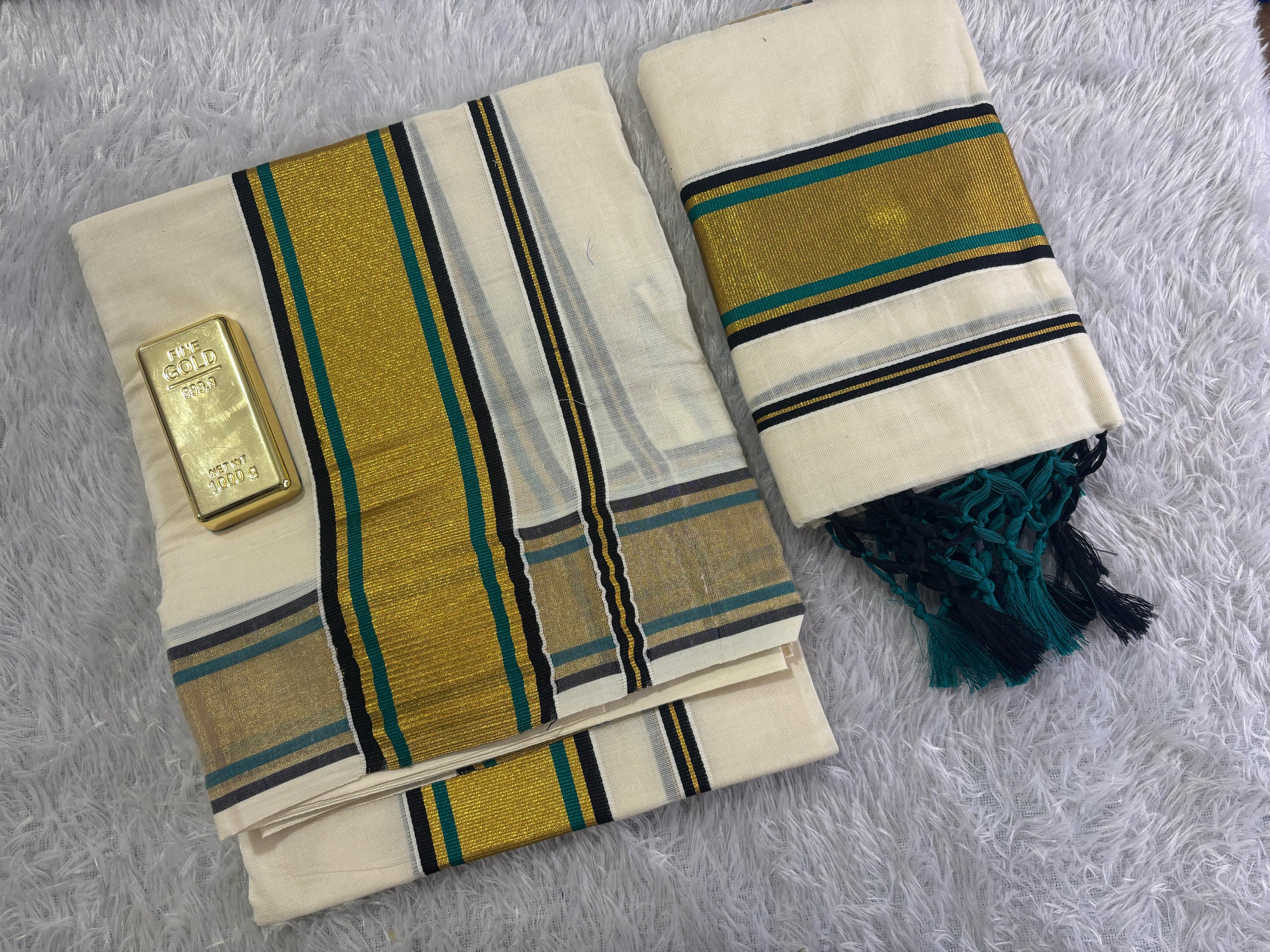 Double Colour Cotton Set Mundu with Elegant Tassels