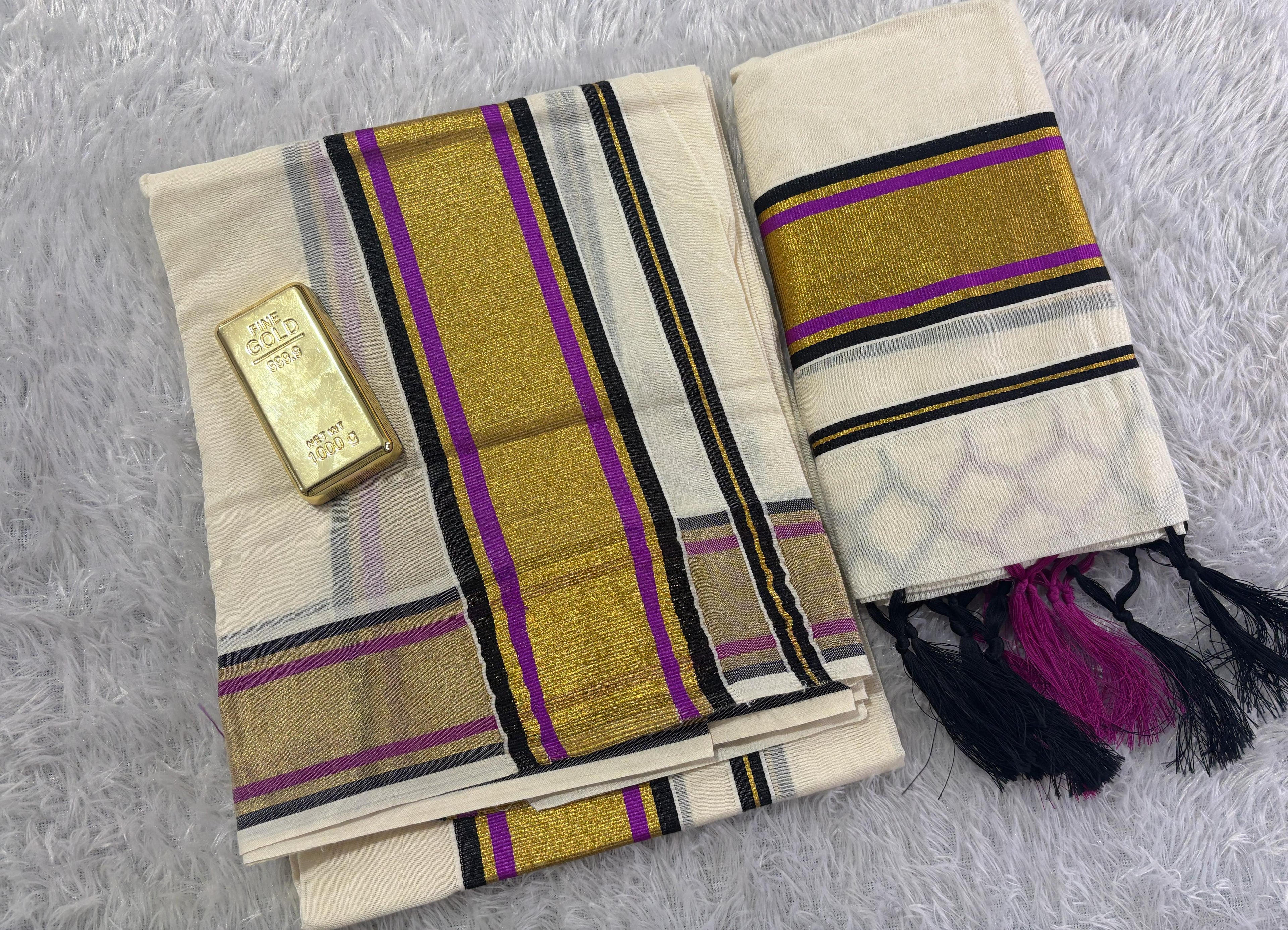 Double Colour Cotton Set Mundu with Elegant Tassels