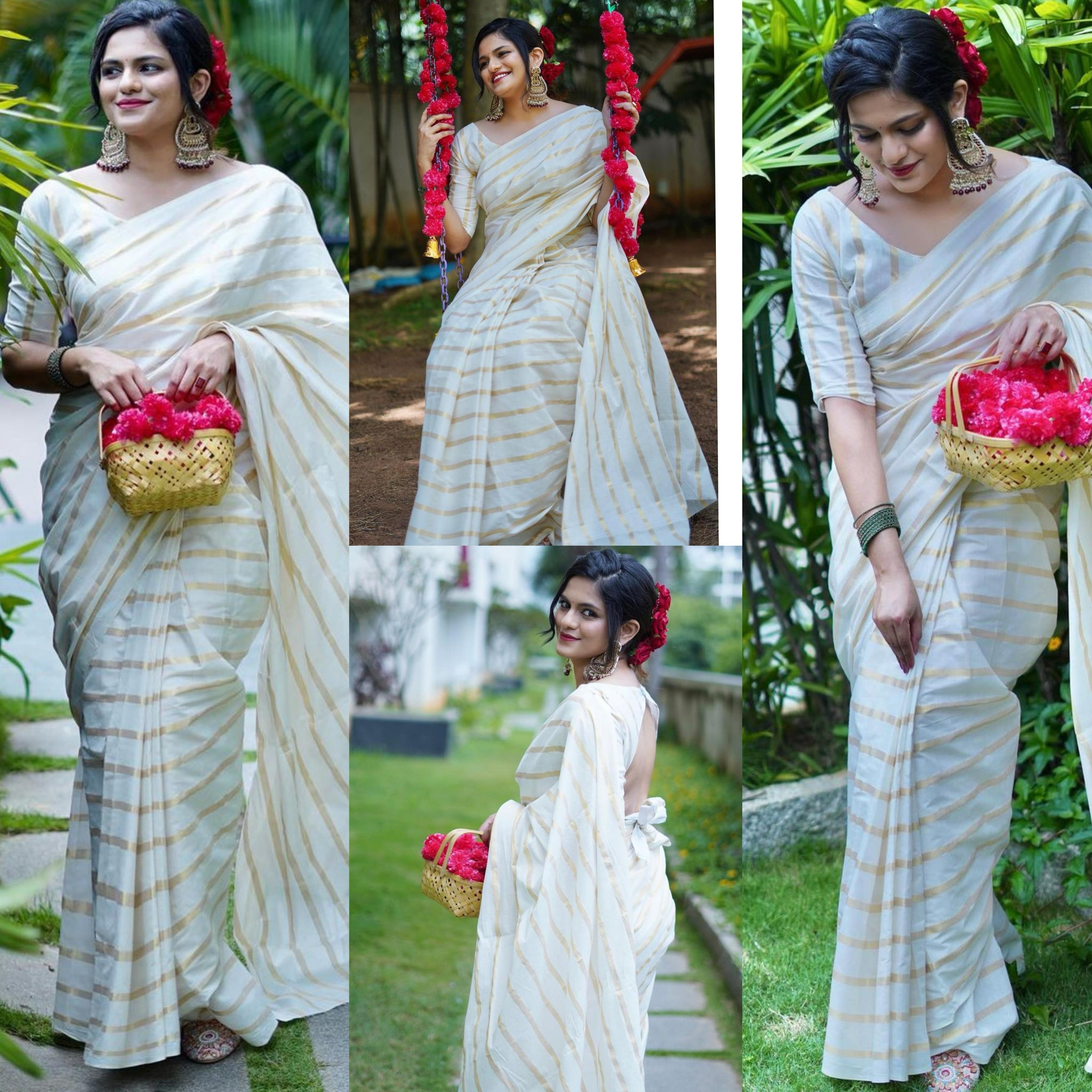 Cotton Golden Lines Saree with Elegant Tassels