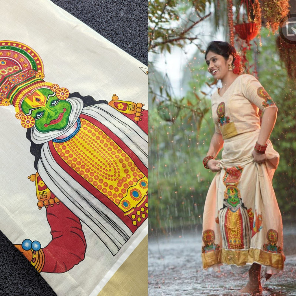 Kathakali Style Golden Tissue Pattu Pavada Material (4m)