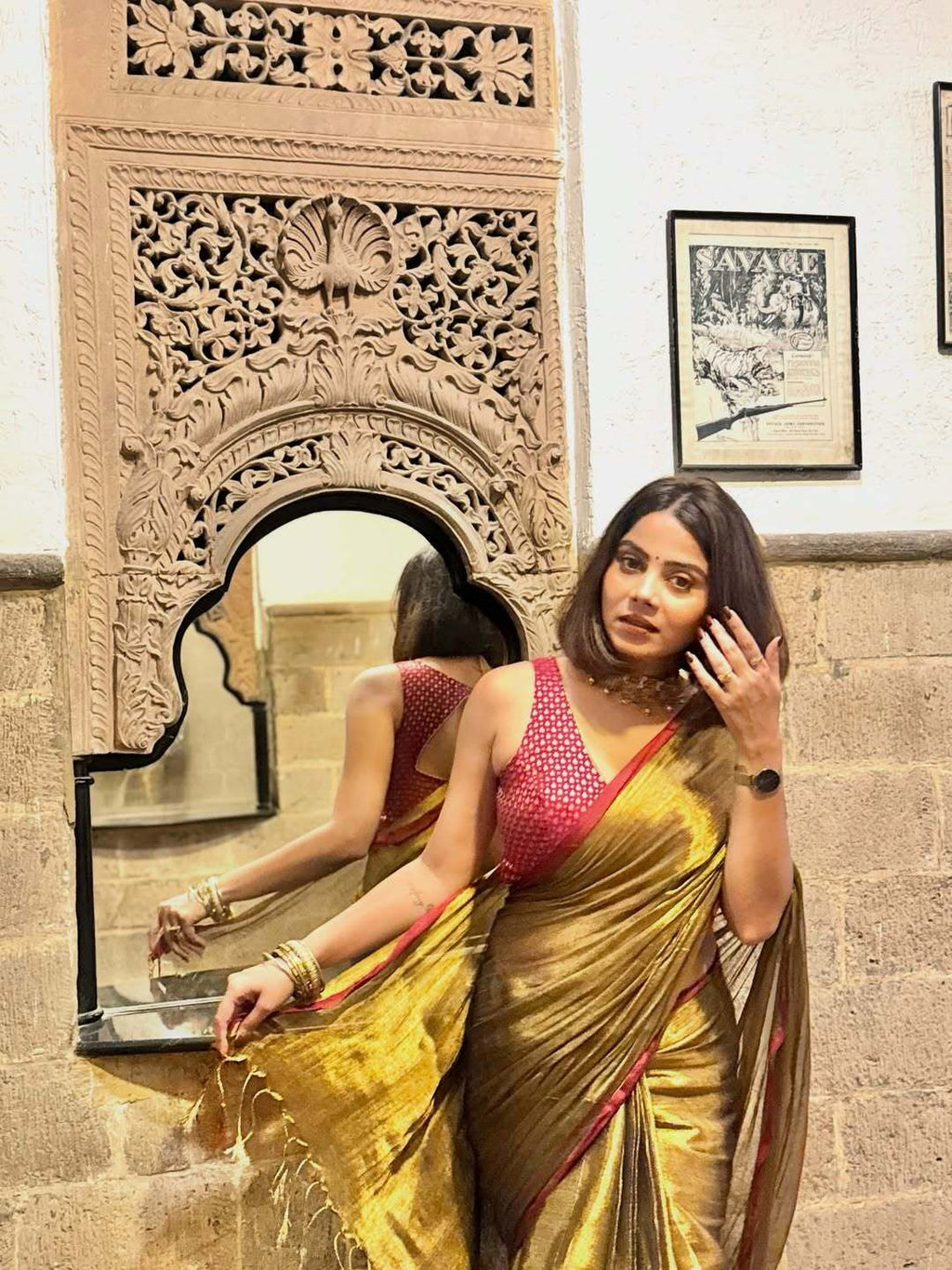 Red Border Golden Tissue Saree (6m)
