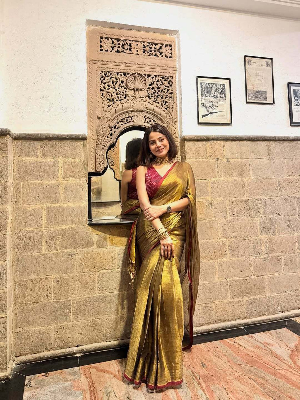 Red Border Golden Tissue Saree (6m)