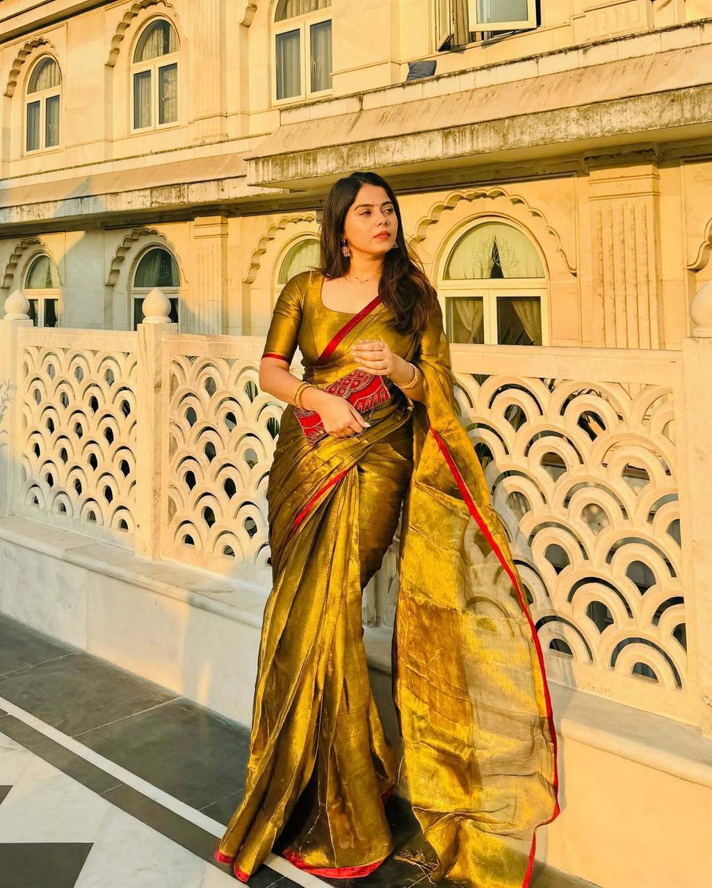 Red Border Golden Tissue Saree (6m)